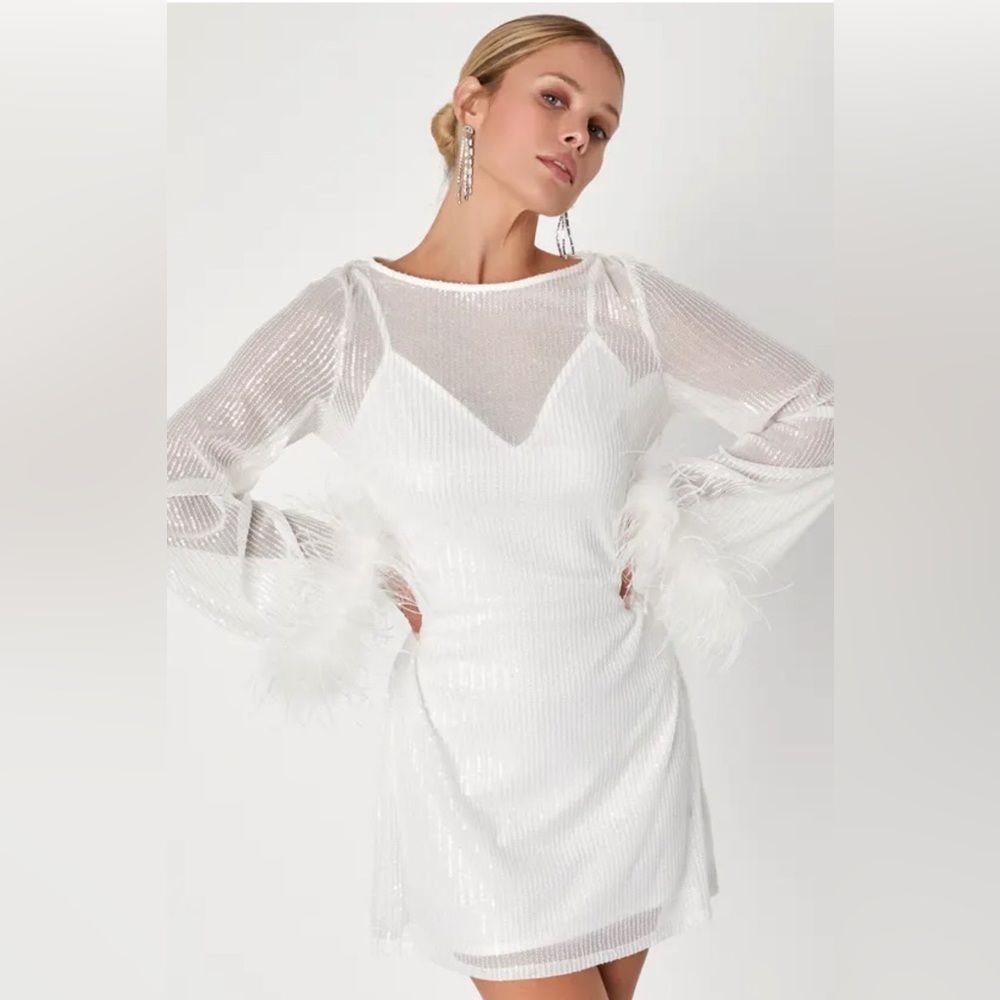 Lulu's Marvelous Energy White Sequin Mesh Feather Cuff Long Sleeve Mini Dress L